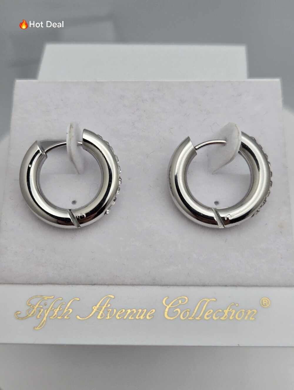 Silver Tone Chunky Huggie Hoop Earrings Crystal Fifth Avenue Collection NWT